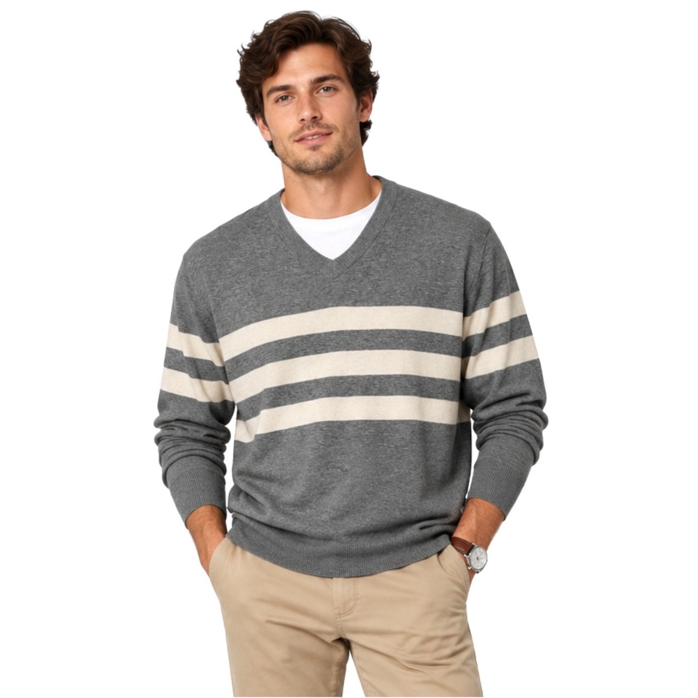 Vince Sweater Mens XL Gray White Striped Knit Long Sleeve V-Neck Pullover Preppy